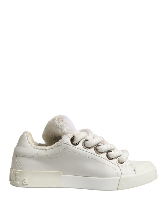 Dolce & Gabbana White Shearling Fur Bianco Low Top Sneakers Shoes