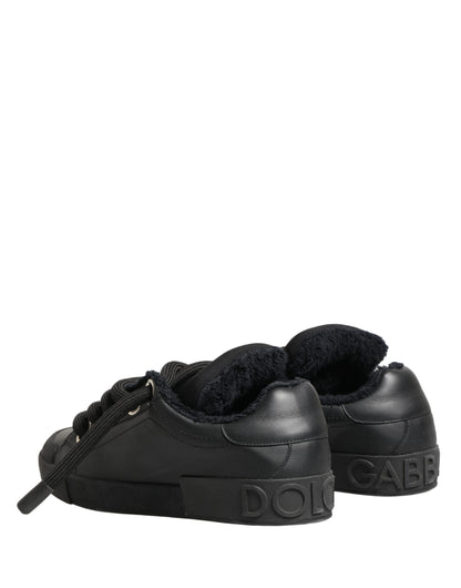 Dolce & Gabbana Black Calf Leather Nappa Lace-Up Sneakers Shoes