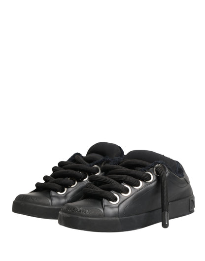 Dolce & Gabbana Black Calf Leather Nappa Lace-Up Sneakers Shoes
