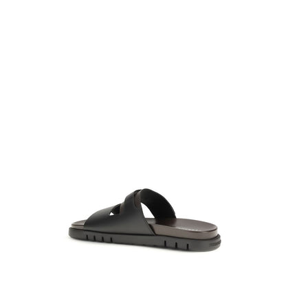 Ferragamo Black Calf Leather Bos Taurus Strap-On Sandals