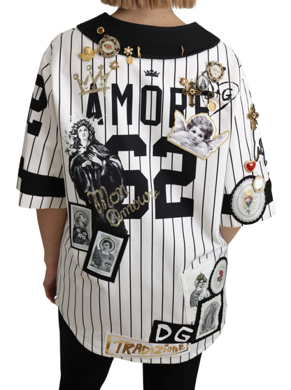 بلوزة دولتشي آند غابانا باللونين الأبيض والأسود من القطن وقميص أموري مزين بحلي كريستالية
