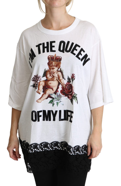 قميص دولتشي آند غابانا أبيض مطبوع عليه ملاك من القطن برقبة دائرية