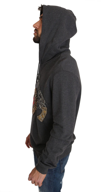 Dolce & Gabbana Gray Hooded Red Crystal Heart Gun Sweater