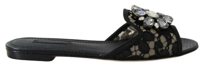 Dolce & Gabbana Black Taormina Lace Slides Crystals Flats Shoes