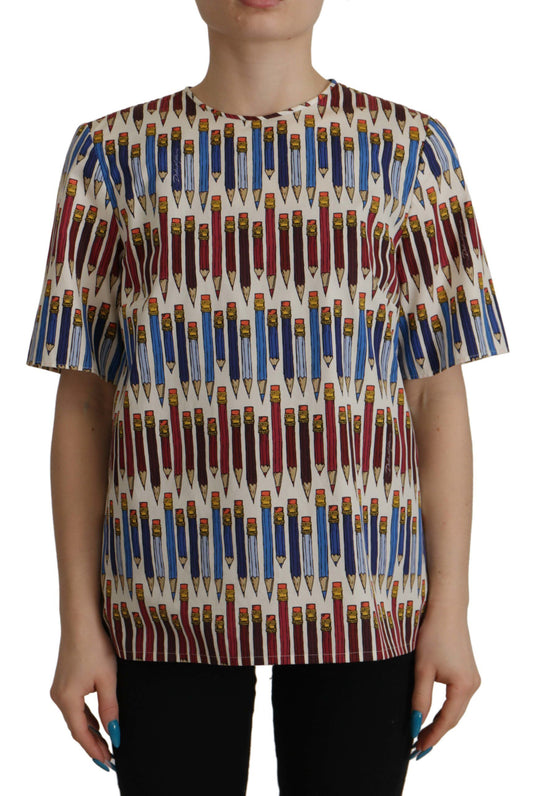 بلوزة تي شيرت قطنية بطبعة قلم رصاص بيضاء من دولتشي آند غابانا