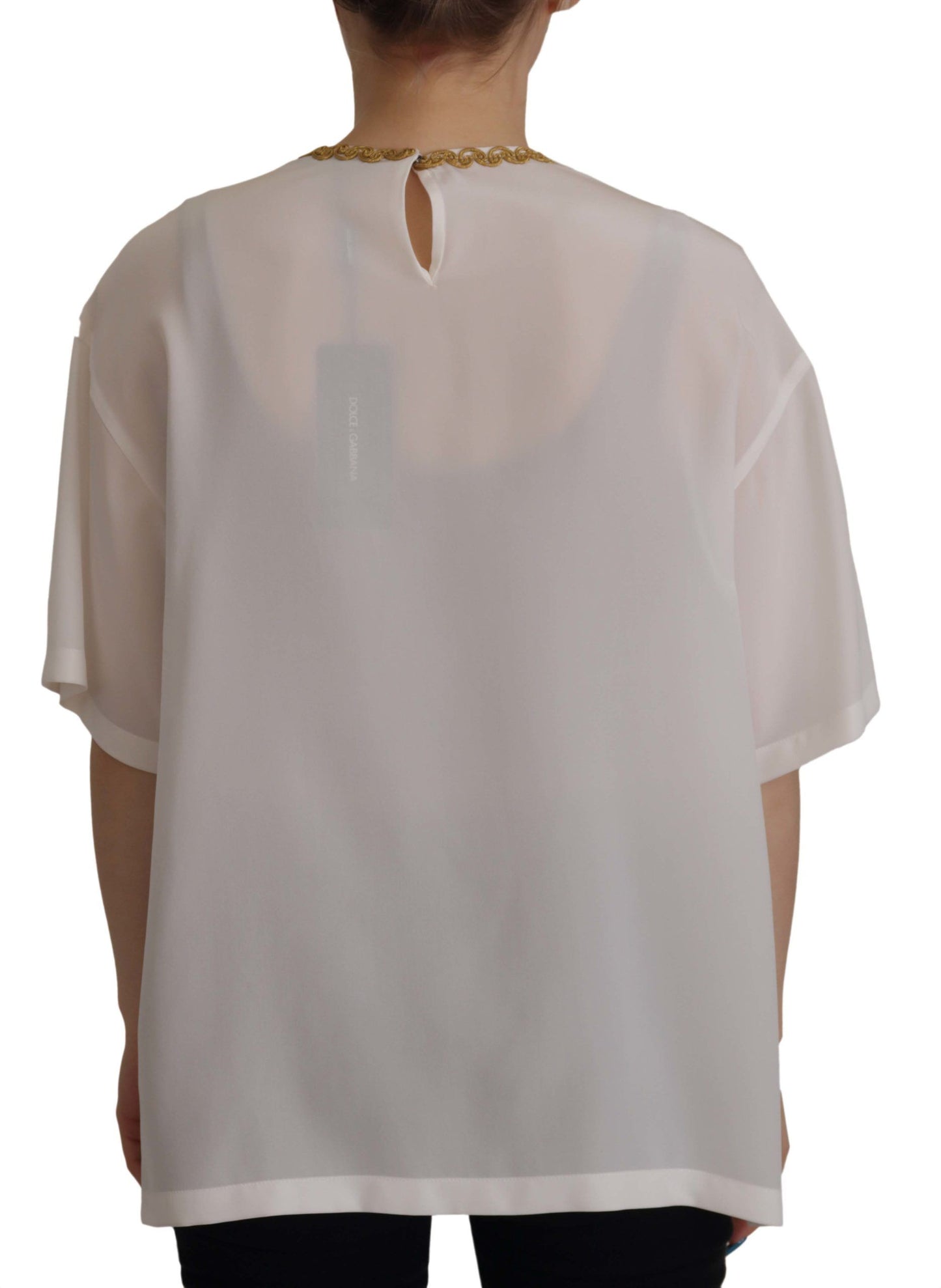 بلوزة دولتشي آند غابانا من الحرير الأبيض الذهبي DG Crown Crystal Top