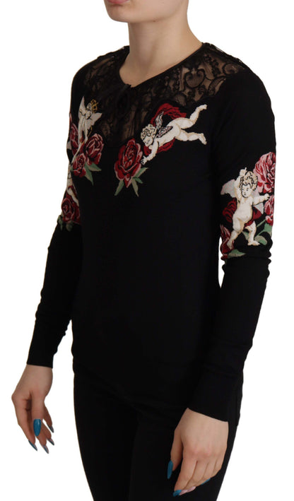 Dolce & Gabbana Black Lace Angel Roses Cardigan Sweater