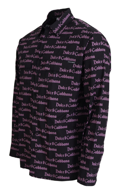 Dolce & Gabbana Black Purple Logo Slim Dress Formal Shirt