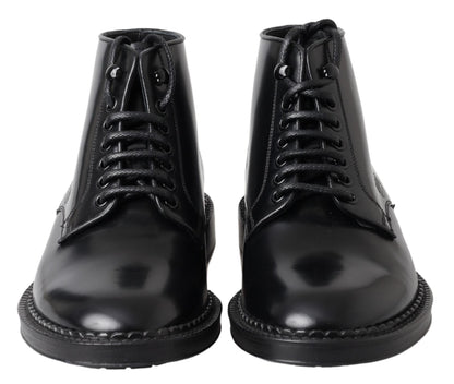 Dolce & Gabbana Black Leather Men Short Boots Lace Up Shoes