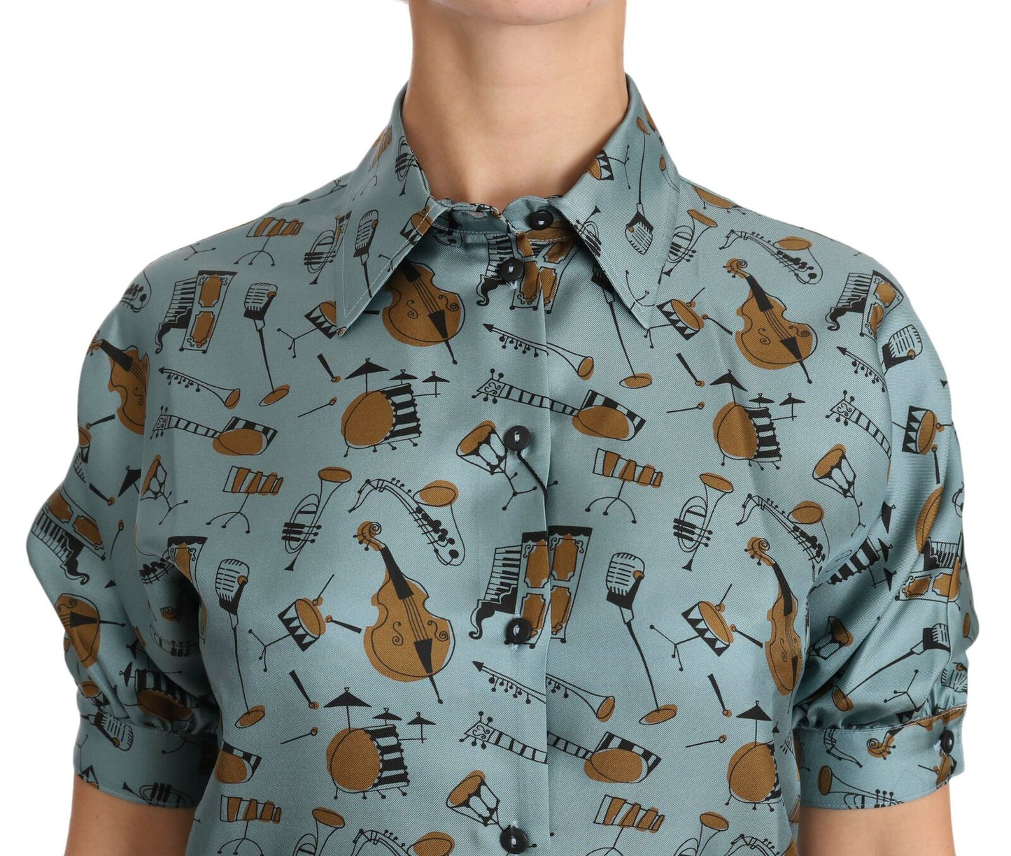 قميص دولتشي آند غابانا متعدد الألوان من الحرير بأكمام قصيرة وطبعة آلات موسيقية