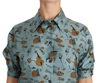 قميص دولتشي آند غابانا متعدد الألوان من الحرير بأكمام قصيرة وطبعة آلات موسيقية