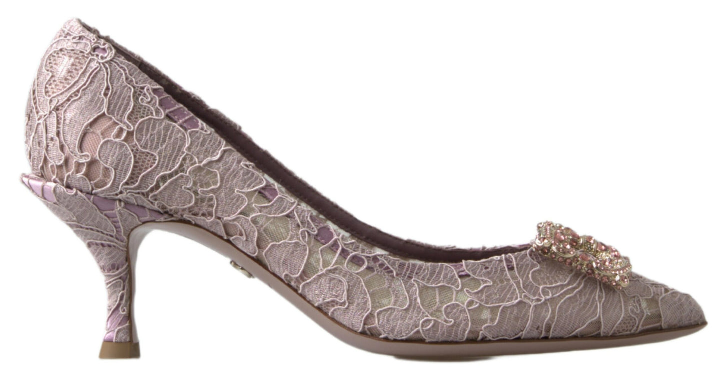 حذاء دولتشي آند غابانا الوردي المزهر من الدانتيل DG كريستال بكعب عالٍ