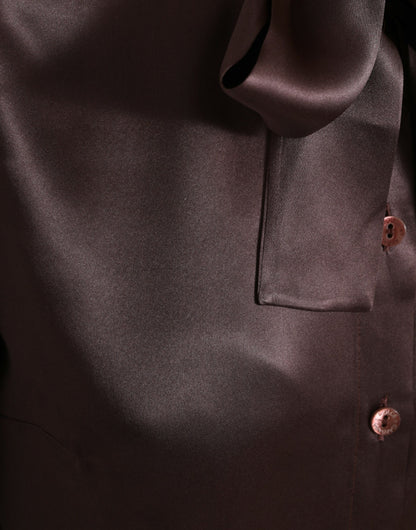 بلوزة دولتشي آند غابانا من الحرير البني بياقة أسكوت وأكمام طويلة