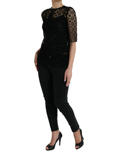 Dolce & Gabbana Black Floral Lace Short Sleeves Blouse Top