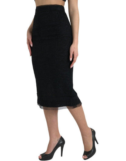 Dolce & Gabbana Black Wool High Waist Pencil Cut Midi Skirt
