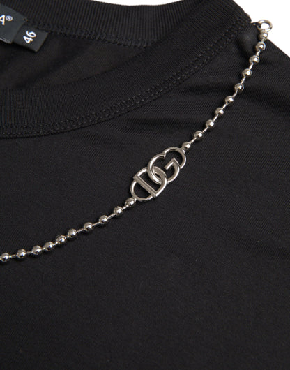 تي شيرت دولتشي آند غابانا أسود قطني بأكمام قصيرة وسلسلة فضية