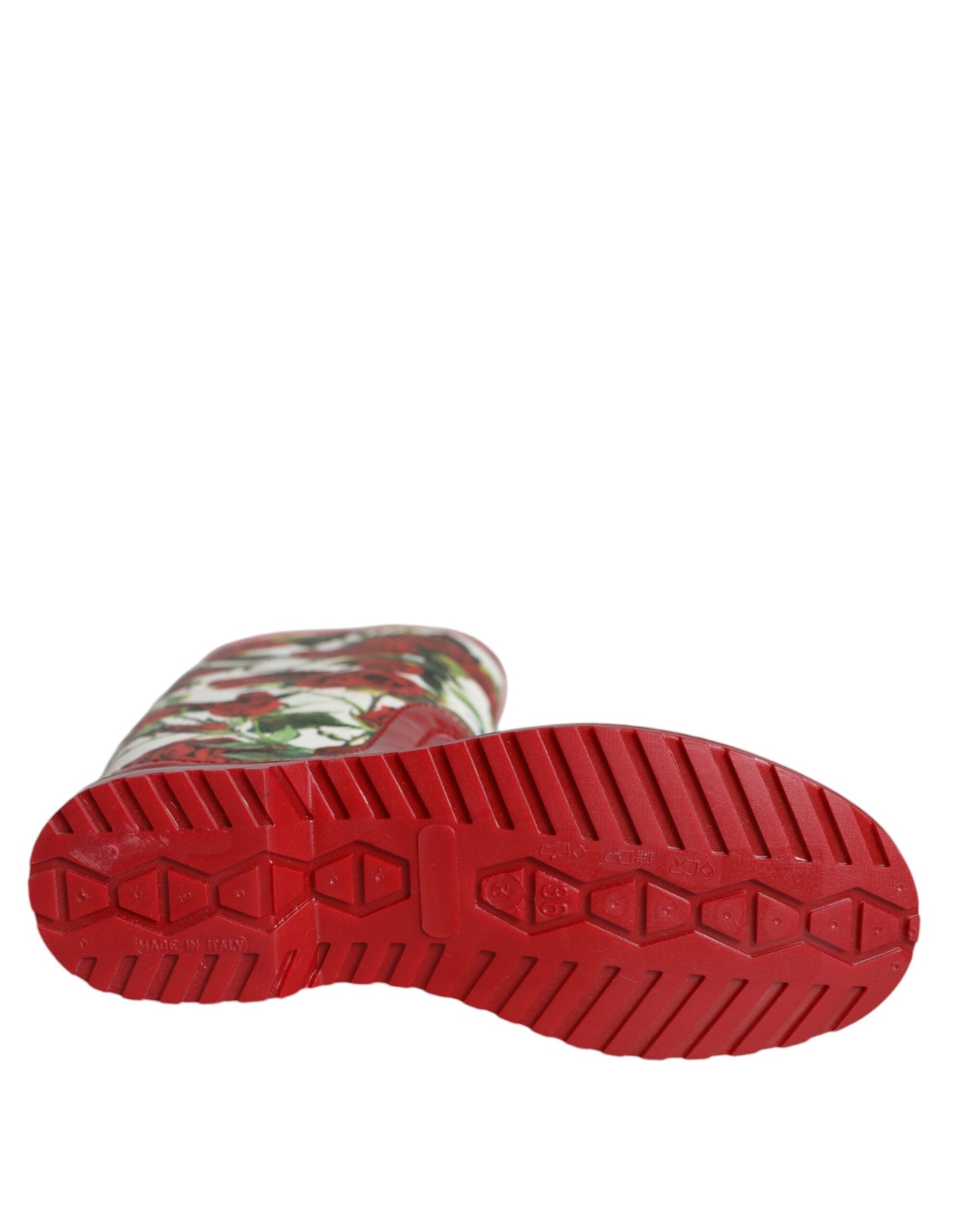 حذاء دولتشي آند غابانا أحمر مزهر مطاطي طويل حتى الركبة