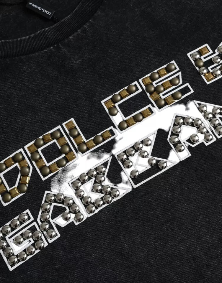 تي شيرت رجالي من دولتشي آند غابانا، قطني، بياقة دائرية، مطبوع عليه شعار دولتشي آند غابانا الأسود