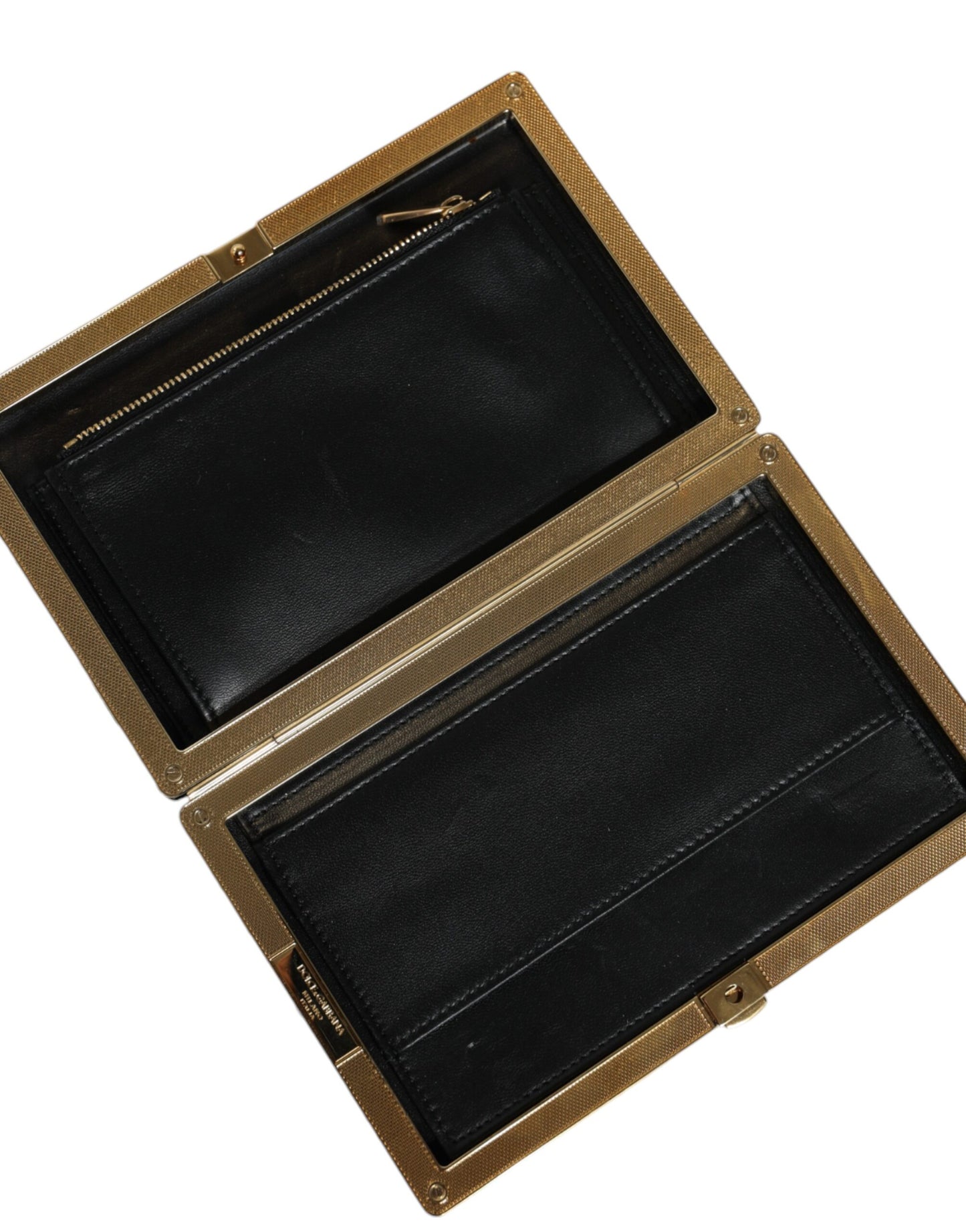 حقيبة كلاتش دولتشي آند غابانا للحفلات المسائية بإطار ذهبي أبيض أسود