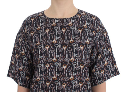 Dolce & Gabbana Gray Gold Key Print Silk Blouse T-shirt