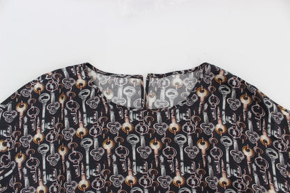 Dolce & Gabbana Gray Gold Key Print Silk Blouse T-shirt
