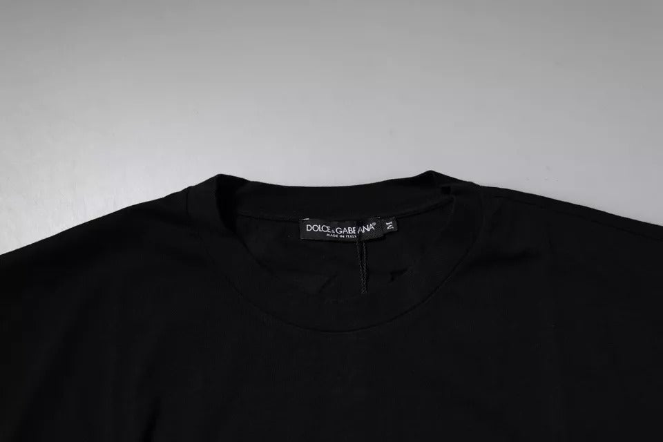 تي شيرت دولتشي آند غابانا أسود من القطن بنقشة جلد النمر مع رقبة دائرية