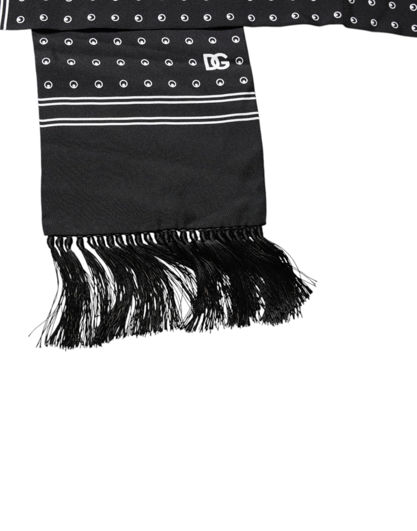 Dolce & Gabbana Black White Polka Dotted Silk Skinny Fringes Scarf