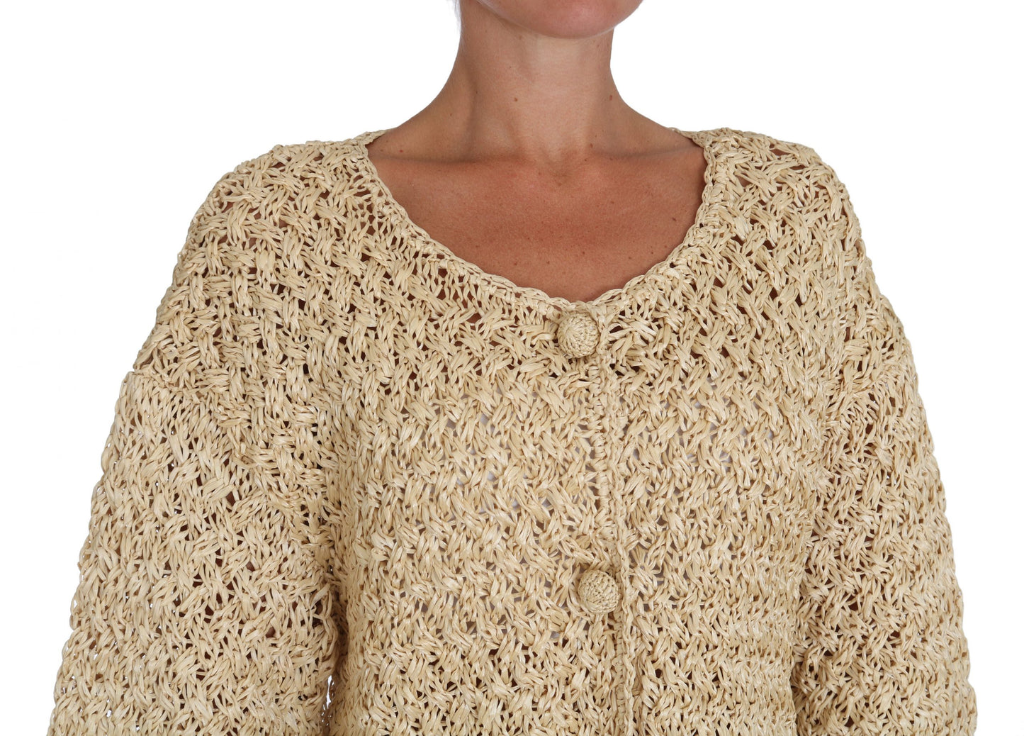Dolce & Gabbana Beige Cardigan Crochet Knitted Raffia Sweater