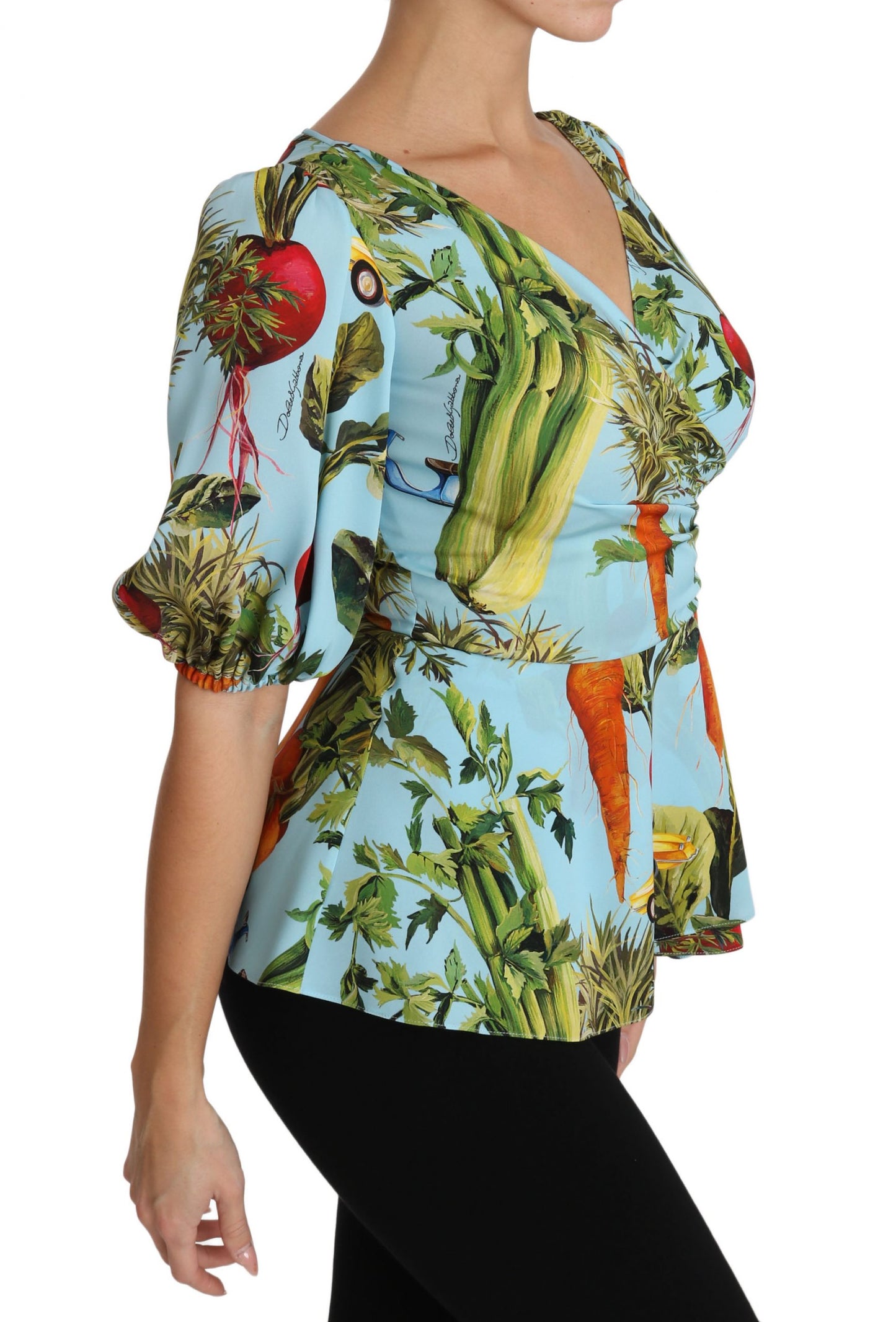 Dolce & Gabbana Multicolor Vegetable Print Silk Top Peplum Wrap Blouse