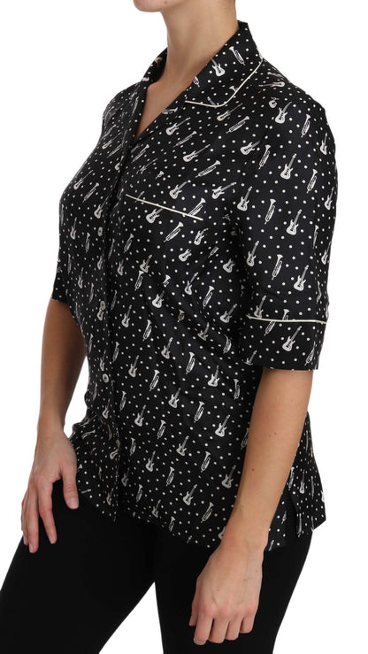قميص حريري أسود بطبعة جيتار ترامبيت من دولتشي آند غابانا