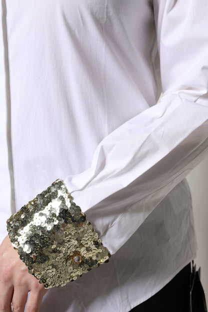 قميص دولتشي آند غابانا أبيض من القطن بأكمام طويلة ومزين بالترتر