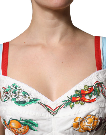 Dolce & Gabbana White Vegetable Print Sweetheart Cropped Top