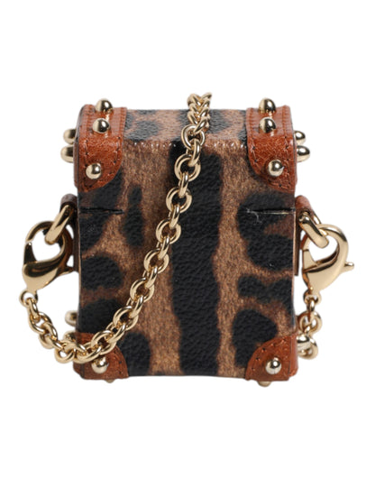 Dolce & Gabbana Brown Leopard Metal Logo Plaque Gold Chain Airpods Case