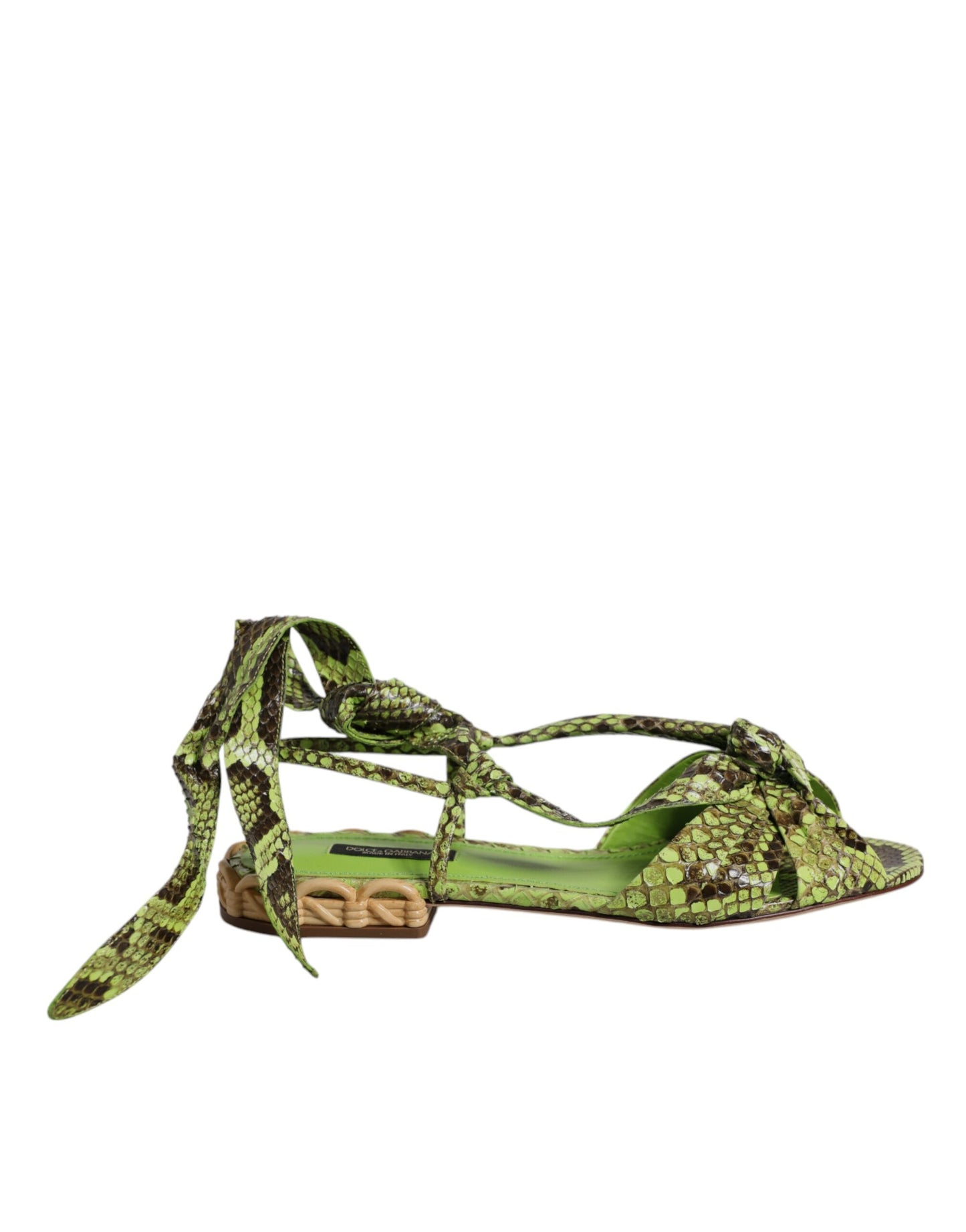 Dolce & Gabbana Green Animal Print Ankle Wrap Sandals Shoes
