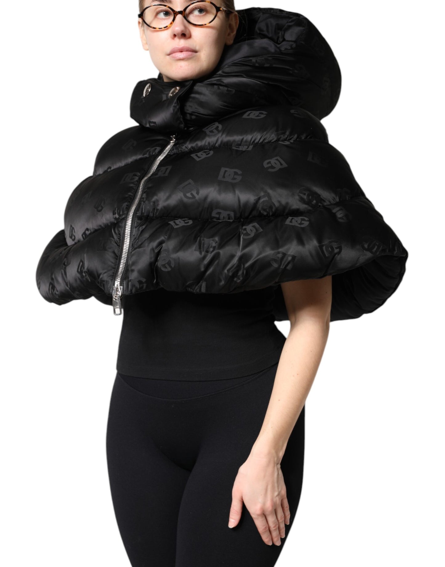 Dolce & Gabbana Black Padded Puffer Hooded Full Zip Cropped Jacket