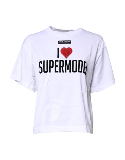 Dolce & Gabbana White Printed Round Neck Top Cotton T-shirt