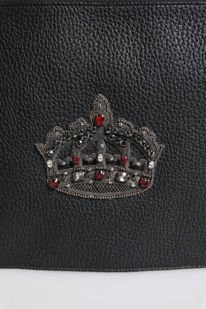 Dolce & Gabbana Black Calfskin Crown Embellished Clutch Pouch Bag