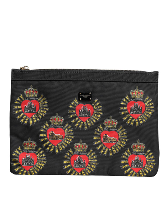 Dolce & Gabbana Black Red Nylon Sacred Heart Clutch Pouch Bag