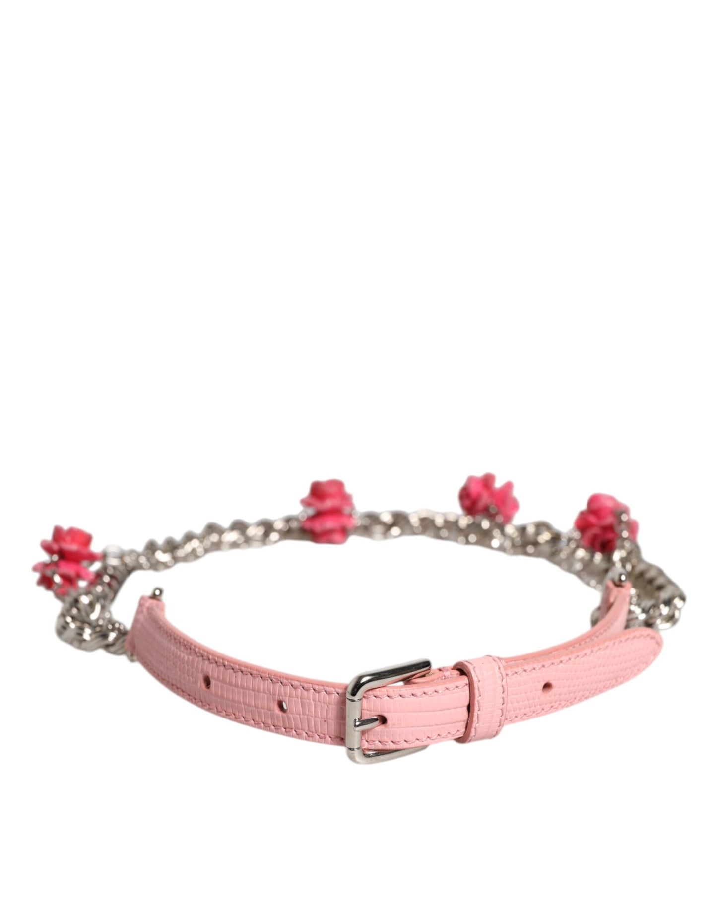 Dolce & Gabbana Pink Embelished Roses Textured Leather Belt