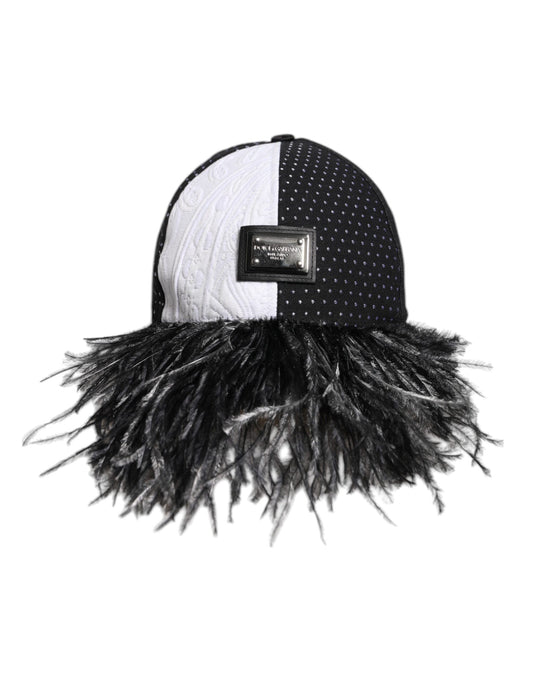 Dolce & Gabbana White Black Polka Dot Feathers Baseball Cap