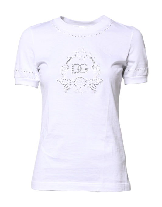 Dolce & Gabbana White Cotton Floral Logo Crew Neck T-shirt