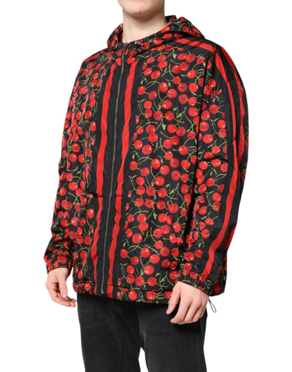Dolce & Gabbana Black Cherry Print Hooded Windbreaker Jacket