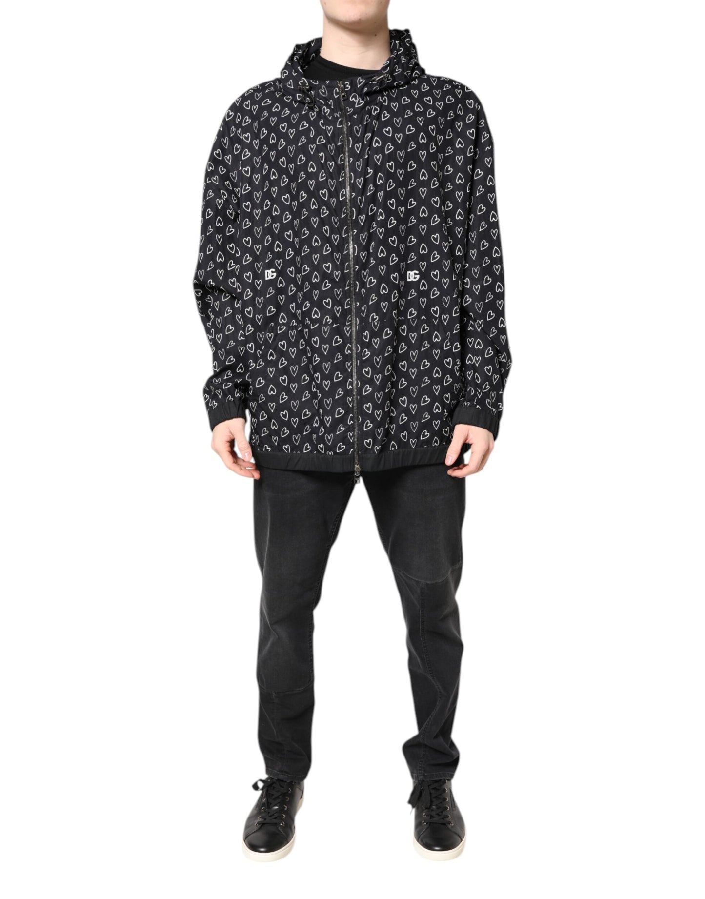 Dolce & Gabbana Black Heart Print Hooded Windbreaker Jacket