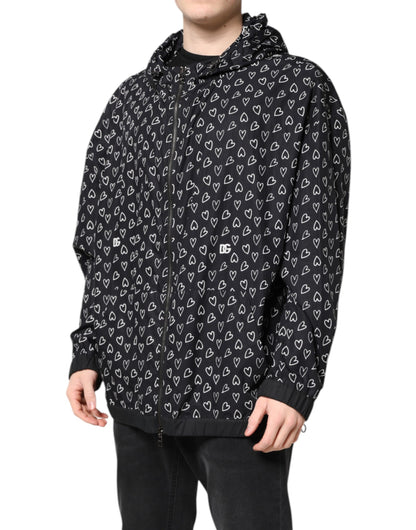 Dolce & Gabbana Black Heart Print Hooded Windbreaker Jacket