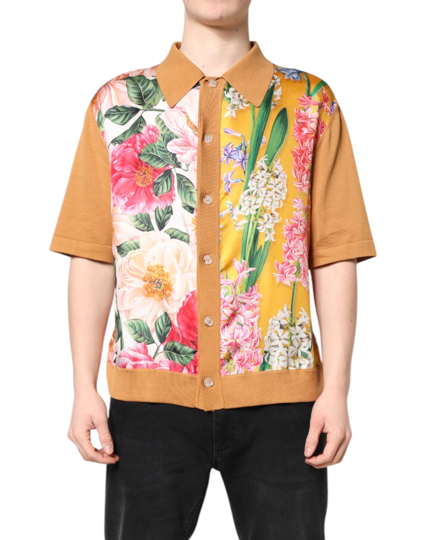 Dolce & Gabbana Brown Floral Collared Short Sleeve T-shirt