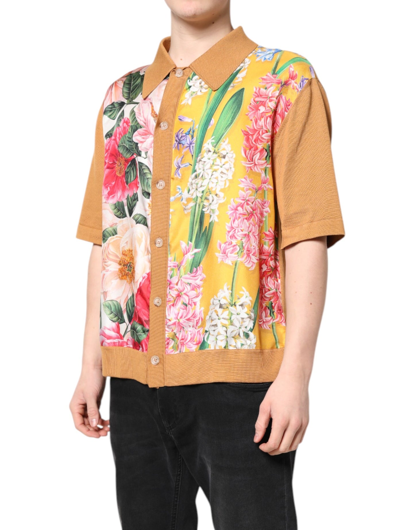 Dolce & Gabbana Brown Floral Collared Short Sleeve T-shirt