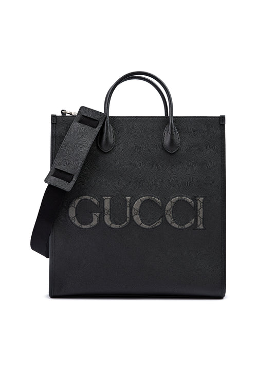 Gucci Black Leather Logo Medium Tote Bag