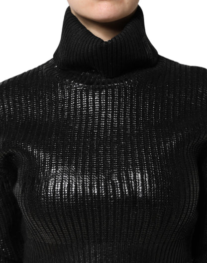 Dolce & Gabbana Black Wool Long Sleeve Turtleneck Cropped Top