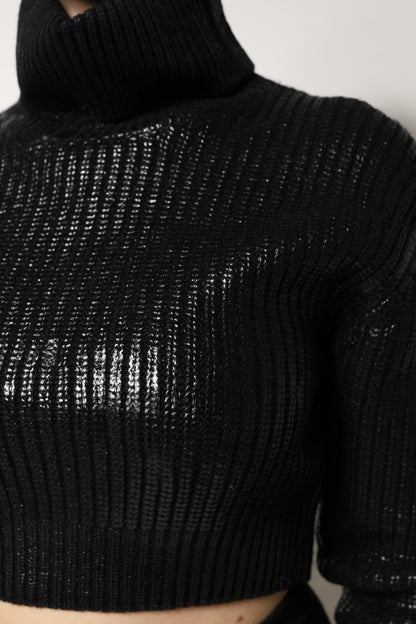 Dolce & Gabbana Black Wool Long Sleeve Turtleneck Cropped Top