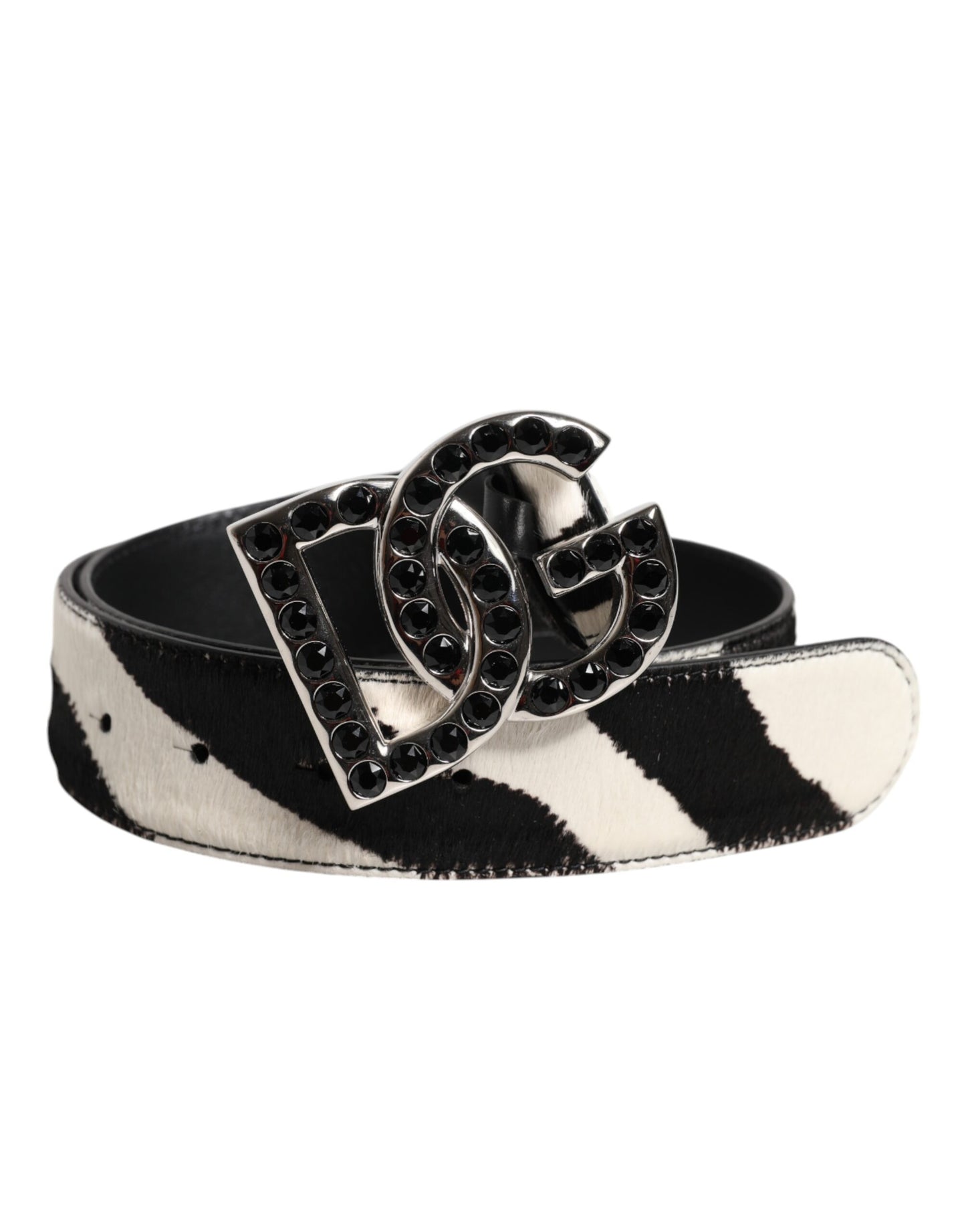 Dolce & Gabbana White Black Leather Zebra DG Crystal Buckle Belt